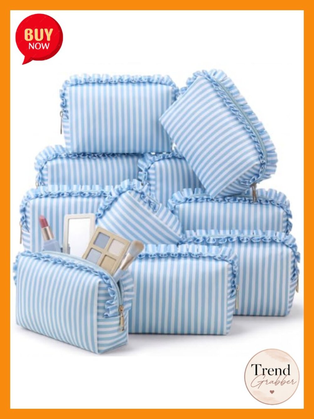 Ruffle Striped Cosmetic Bags 10 Pc Set Nylon Travel Toiletry Pouches